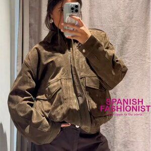 ZARA WOMAN SS25 100% SUEDE BOMBER JACKET WITH POCKETS 4341/771/505 XS BLOGGER